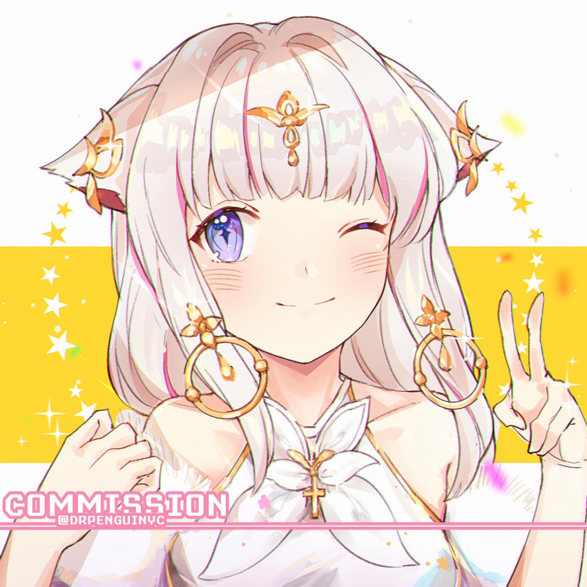 1girl, animal_ears, blue_eyes, blush, cat_ears, commission, cross, dr_woodpecker