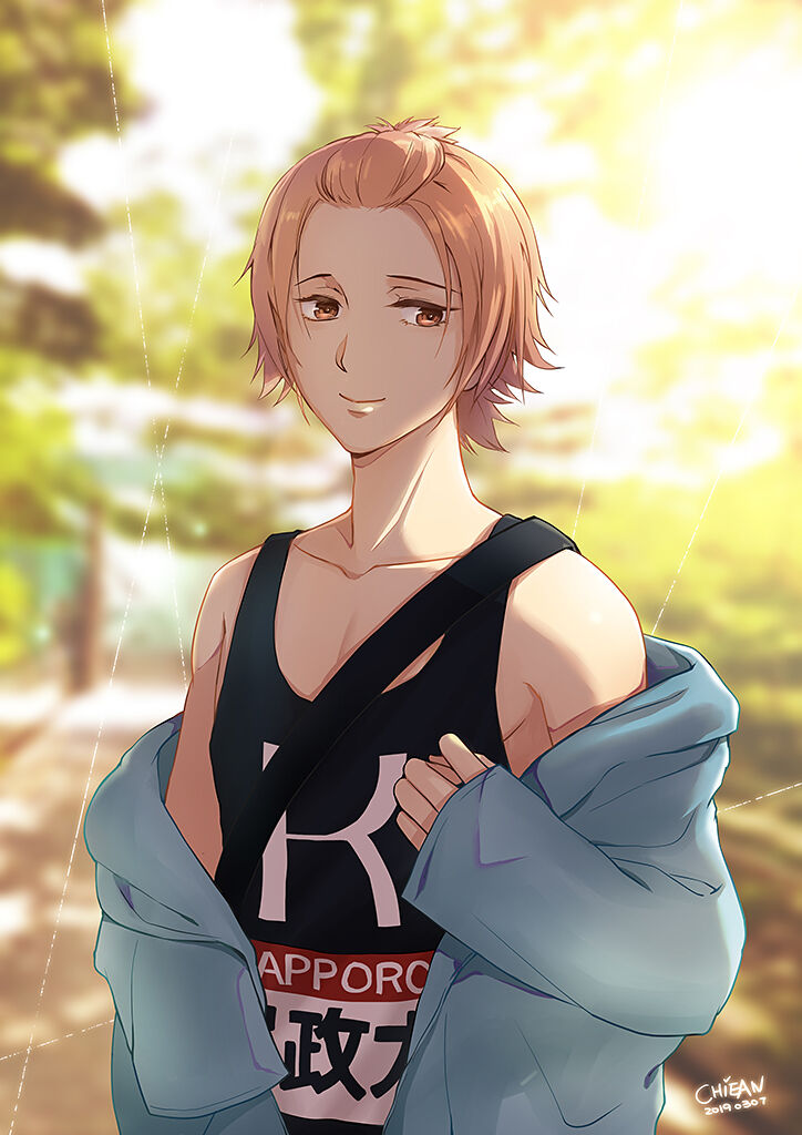 1boy, artist_name, bangs_pinned_back, black_jacket, blurry, blurry_background, brown_hair, chiean