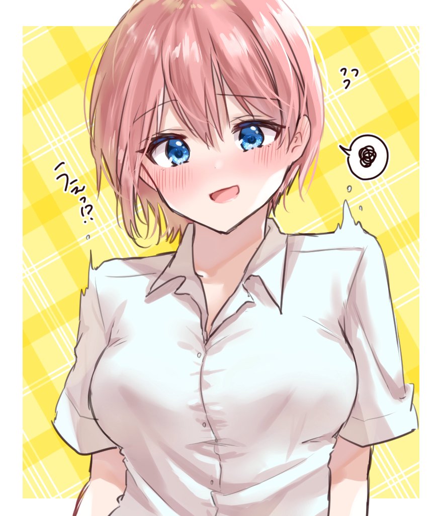 1girl, :d, blue_eyes, blush, collared_shirt, commentary_request, flying_sweatdrops, go-toubun_no_hanayome