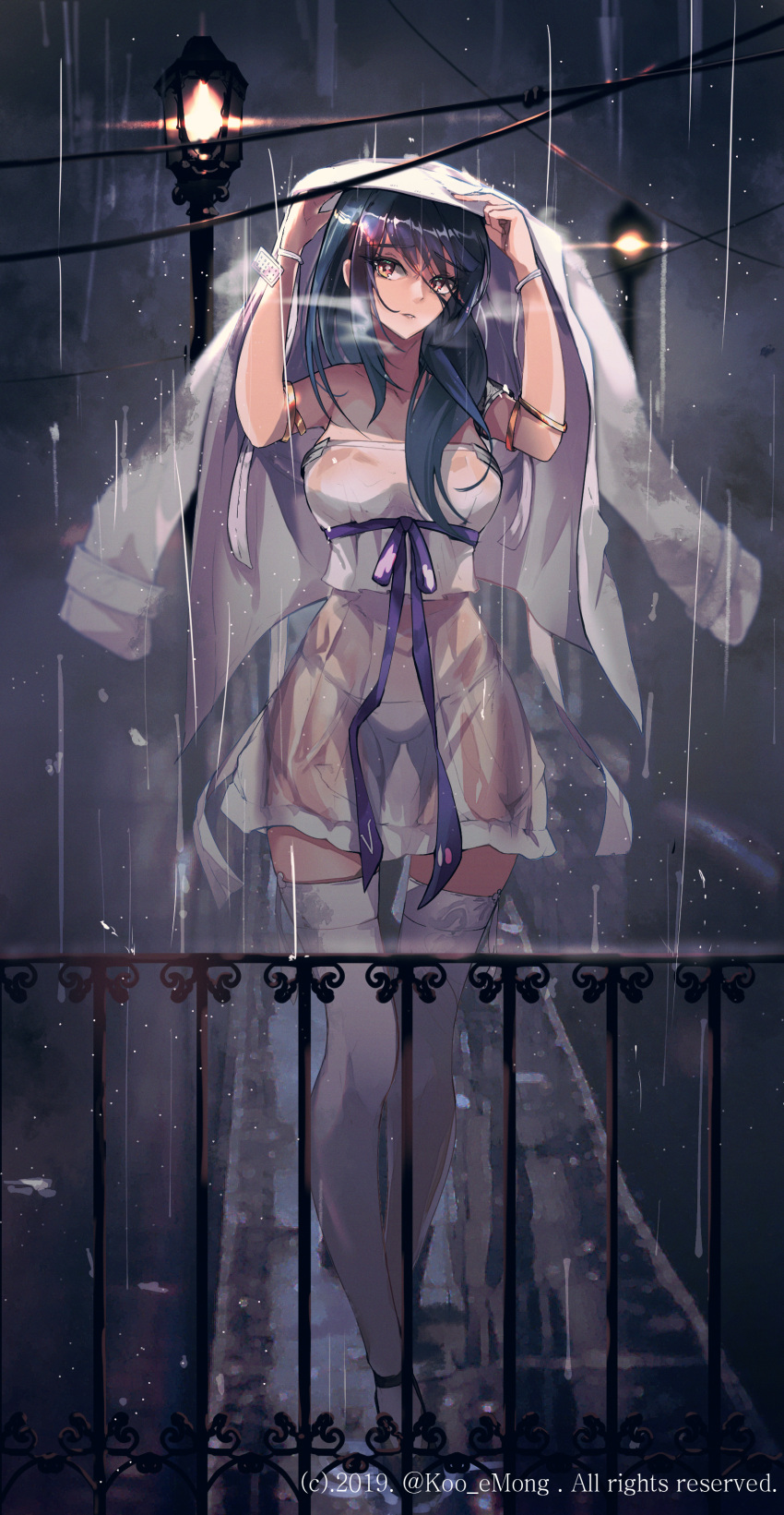absurdres, armlet, bare_shoulders, black_hair, blue_ribbon, breasts, brown_eyes, coat