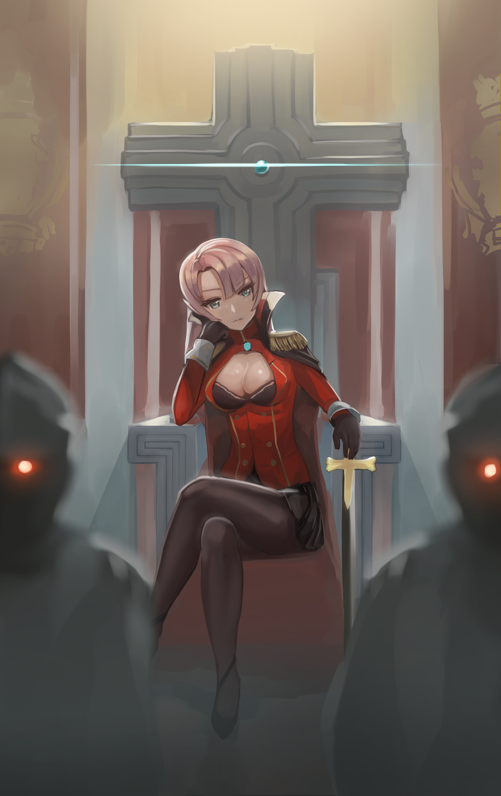 :|, arm_rest, azur_lane, bangs, black_bra, black_cape, black_footwear, black_gloves