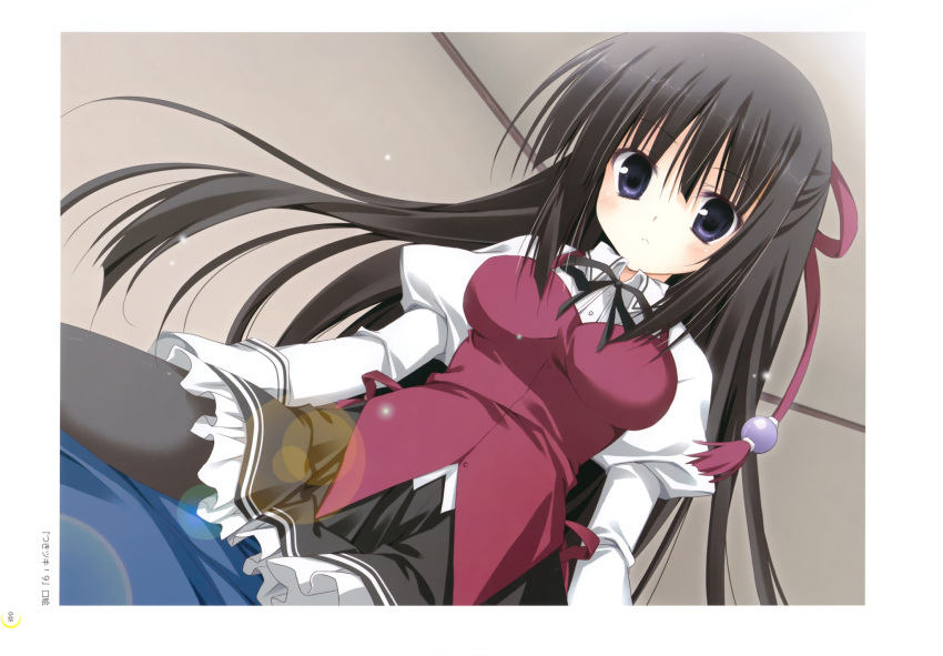 :<, black_hair, black_legwear, black_ribbon, black_skirt, border, character_request, dutch_angle