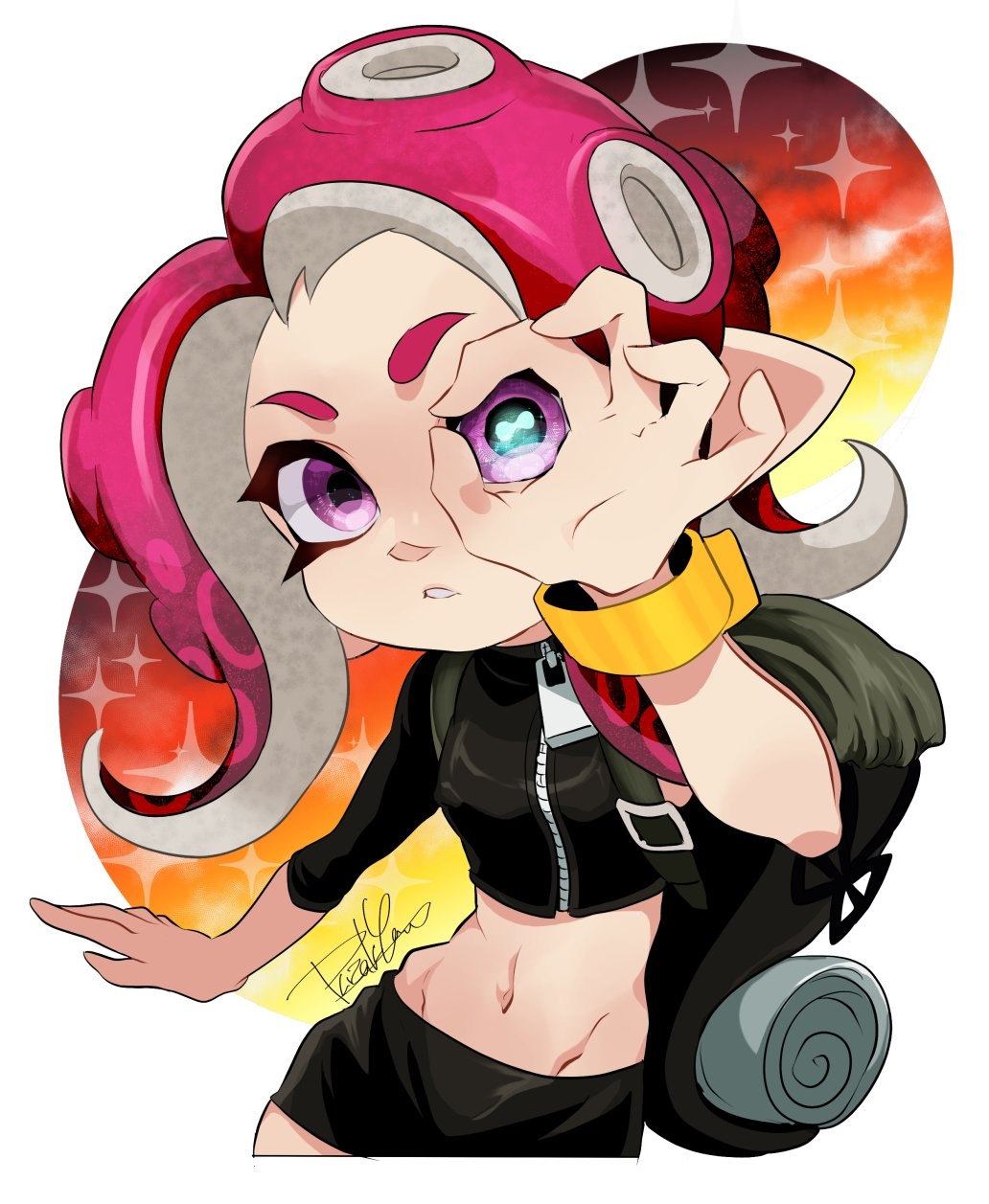 1girl, agent_8, black_skirt, clouds, crop_top, evening, groin, hand_up