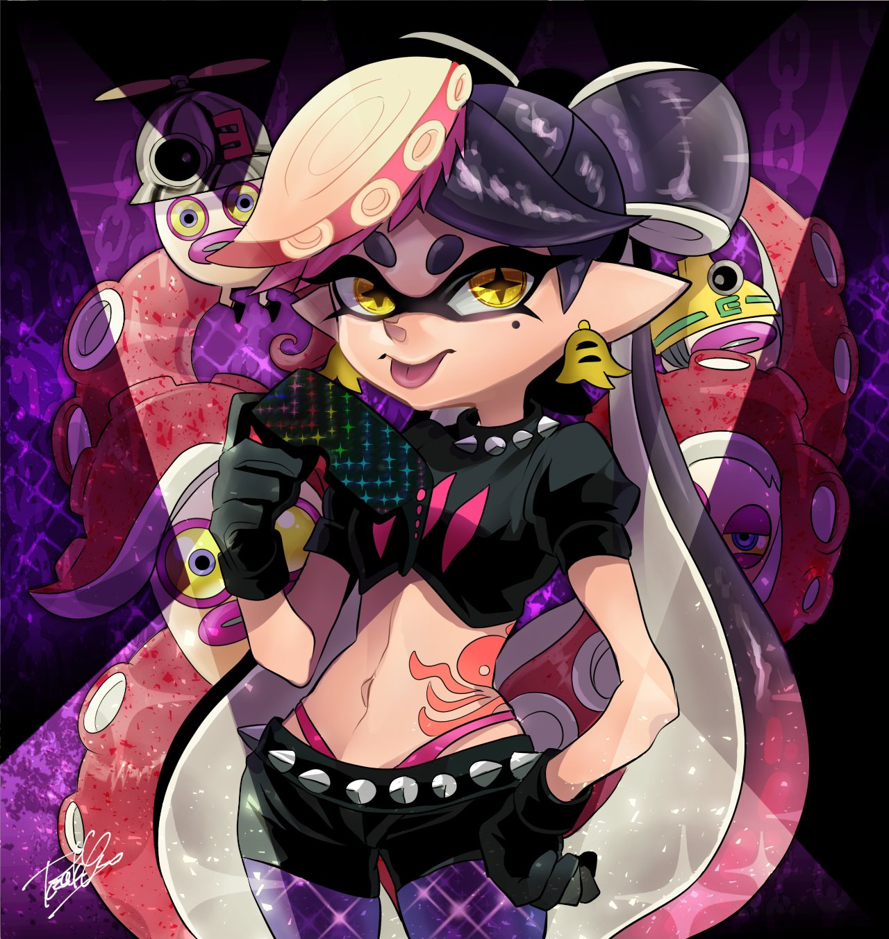 +_+, 1girl, aori_(splatoon), black_gloves, black_shorts, cowboy_shot, domino_mask, earrings