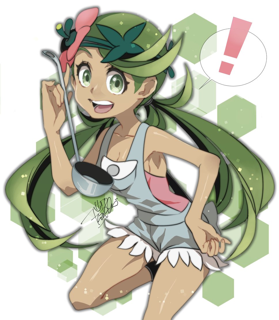 !, 1girl, :d, breasts, cleavage, collarbone, creatures_(company), dark_skin, fingernails, flower, game_freak, green_eyes, green_hair, hand_on_hip, holding, holding_ladle, isamu-ki_(yuuki), ladle, leg_up, long_hair, looking_at_viewer, mallow_(pokemon), nintendo, open_mouth, overalls, pink_flower, pokemon, pokemon_(game), pokemon_sm, signature, smile, solo, speech_bubble, spoken_exclamation_mark, teeth, thighs, trial_captain, twintails