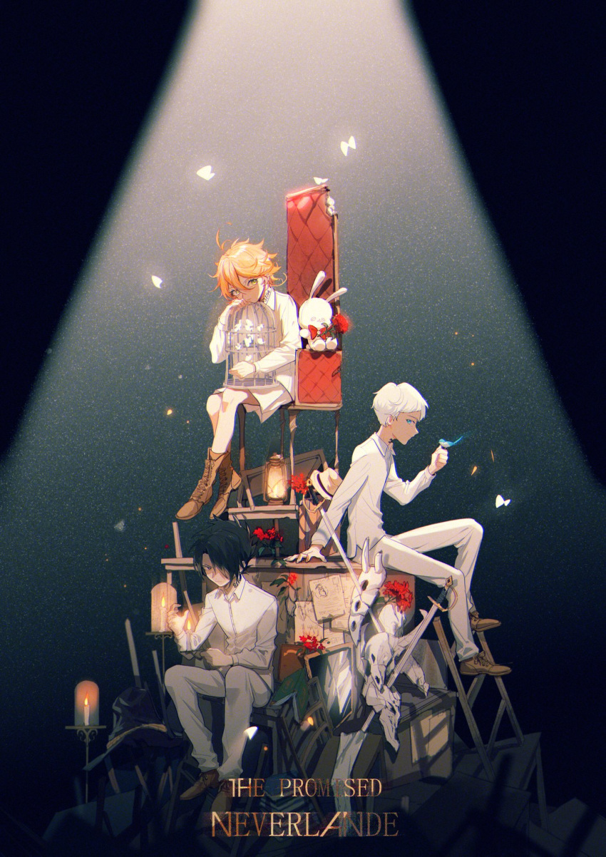 1girl, 2boys, ahoge, animal, annsmow, bird, bird_on_hand, birdcage