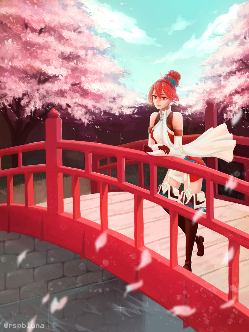 absurdres, boots, bridge, cosplay, fire_emblem, fire_emblem_heroes, fire_emblem_if, highres, hinoka_(fire_emblem_if), hinoka_(fire_emblem_if)_(cosplay), kanna_(fire_emblem_if), leaning_on_rail, nintendo, red_legwear, rspbluna, smile, solo, thigh-highs, thigh_boots
