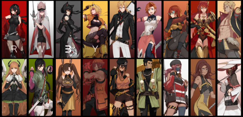 5boys, 6+girls, ahoge, animal_ears, arm_blade, armor, black_eyes, black_gloves