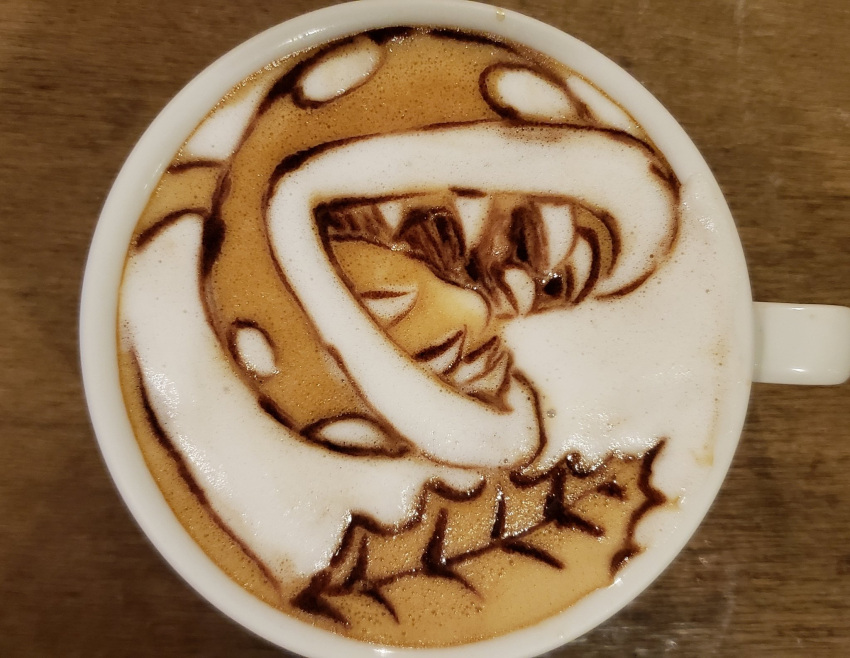coffee, cup, drink, george_(yamamoto_kazuki), highres, latte_art, leaf, super_mario_bros.