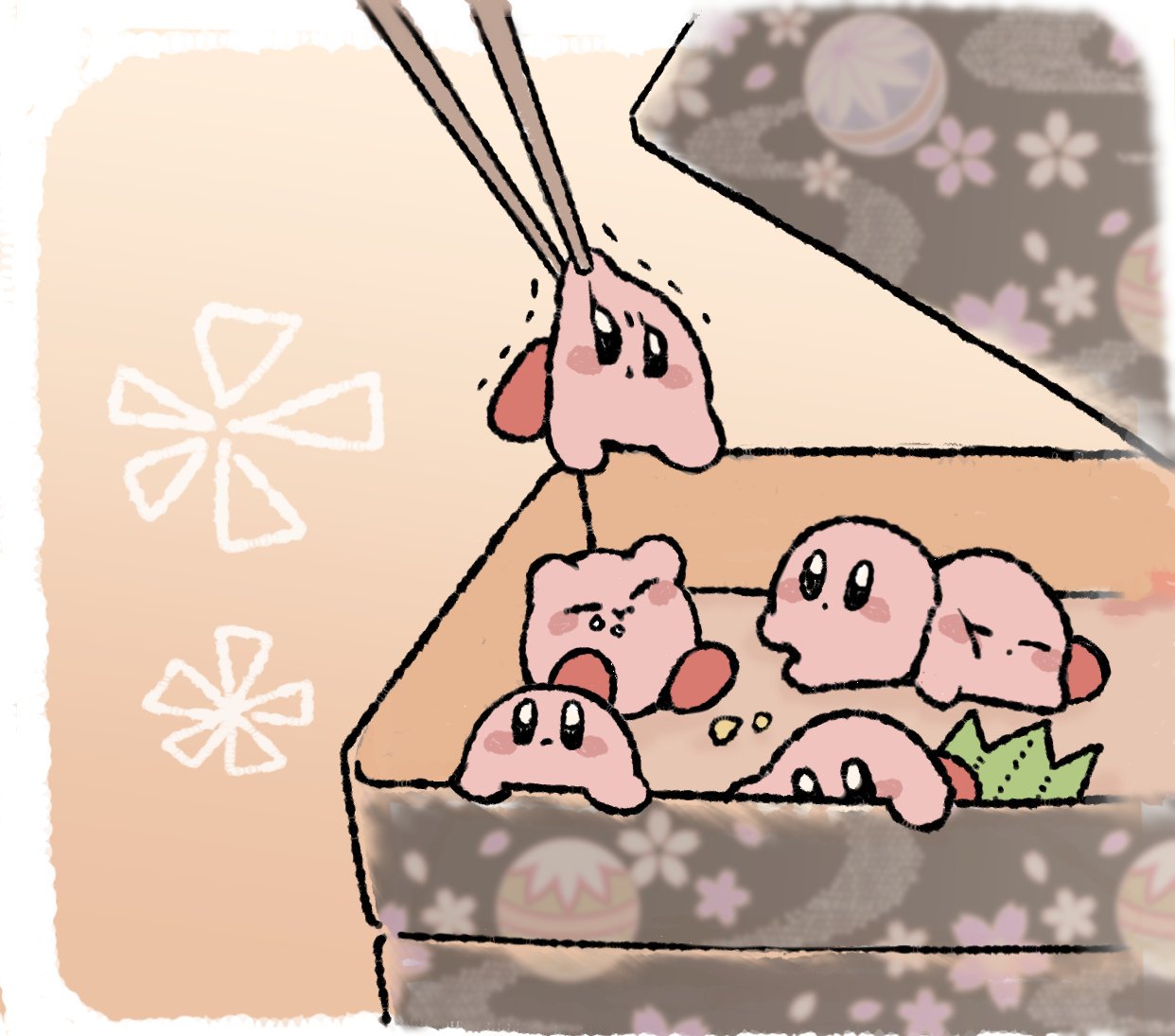 ball, black_eyes, blush, box, chopsticks, closed_eyes, flower, kirby