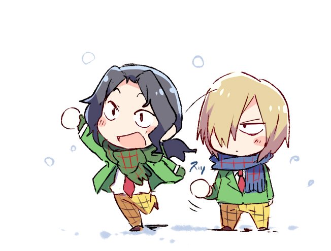 2boys, :d, aoyagi_hajime, black_hair, blonde_hair, blue_scarf, blush, chibi