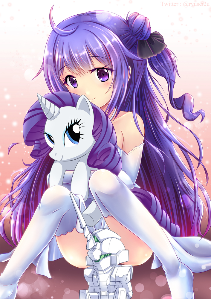 ahoge, azur_lane, black_bow, black_ribbon, blue_eyes, bow, criss-cross_halter, crossover