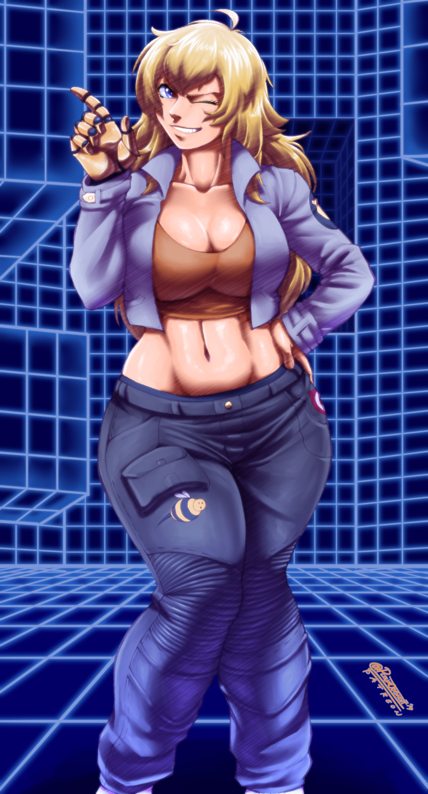 1girl, ;d, absurdres, ahoge, blonde_hair, breasts, capcom_vs_snk_2, cargo_pants