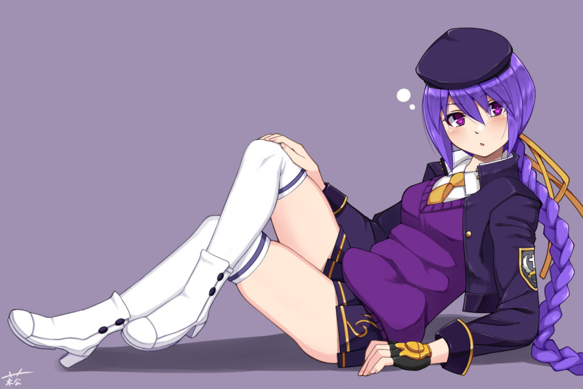 1girl, alternate_costume, ankle_boots, beret, blush, boots, braid, breasts