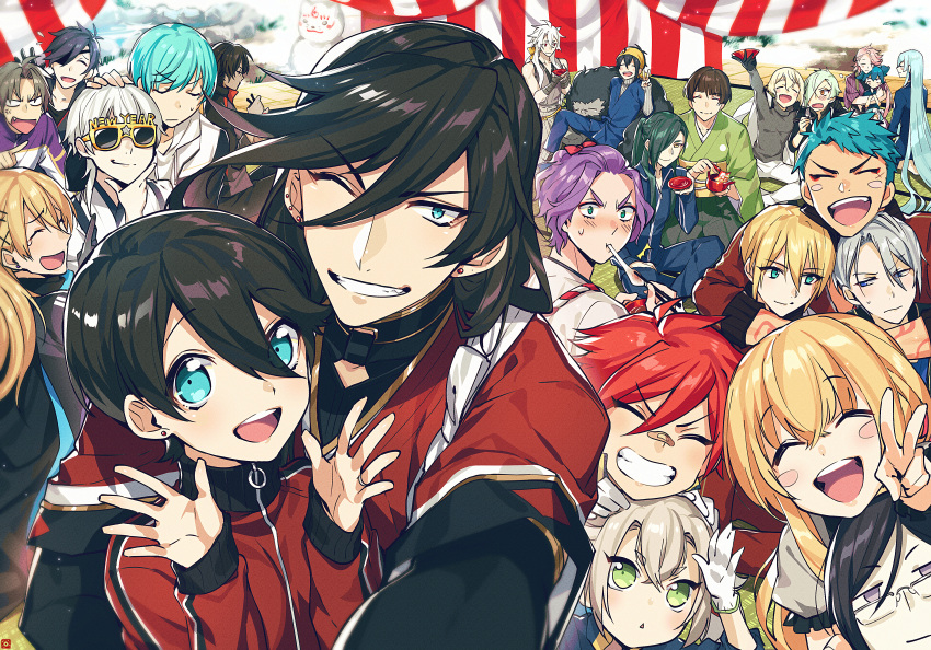 6+boys, ^_^, aizen_kunitoshi, anger_vein, aqua_hair, bandaid, bandaid_on_nose, black_gloves