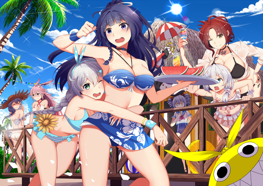 6+girls, ahoge, animal_ears, aqua_bikini, bangs, bare_shoulders, beach, bikini