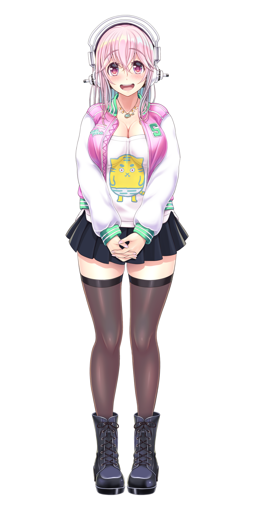 1girl, black_footwear, black_skirt, blush, boots, breasts, camisole, cleavage