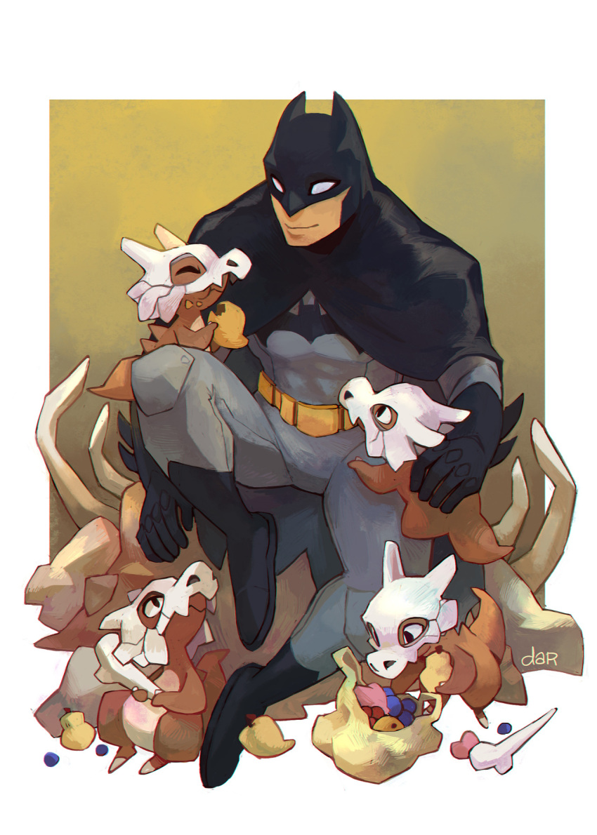 1boy, ^_^, batman, batman_(series), black_footwear, blank_eyes, bone, boots, cape, closed_eyes, closed_eyes, commentary, creature, creatures_(company), crossover, cubone, dar-draws, dc_comics, eating, english_commentary, food, fruit, full_body, game_freak, gen_1_pokemon, grapes, highres, holding, holding_bone, holding_food, holding_fruit, looking_up, male_focus, mask, nintendo, peach, pear, pokemon, pokemon_(creature), skull_helmet