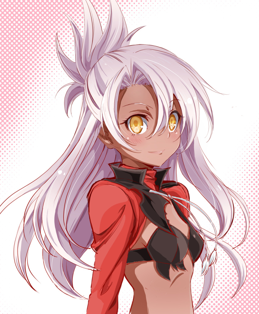1girl, black_bra, blush, bra, breasts, chloe_von_einzbern, dark_skin, eyebrows_visible_through_hair