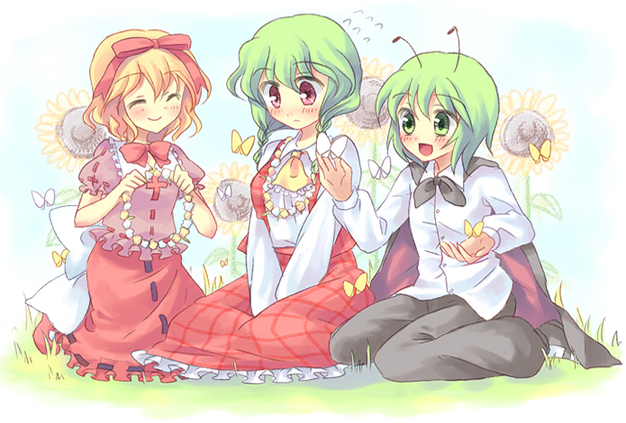 alternate_hairstyle, antennae, ascot, blonde_hair, blush, braid, buggirl, butterflies
