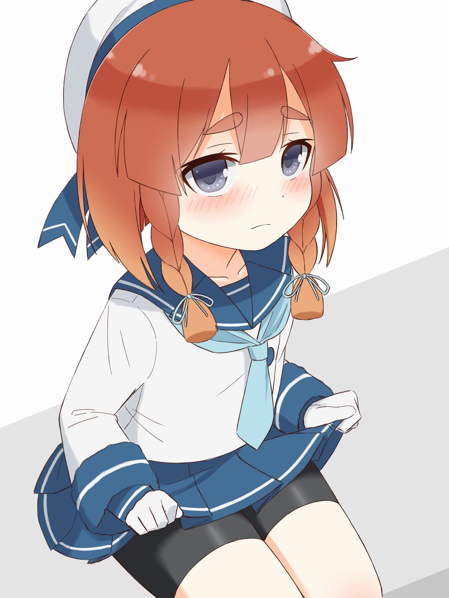 1girl, bike_shorts, blonde_hair, blue_eyes, blue_neckwear, blue_ribbon, blue_sailor_collar, blue_skirt