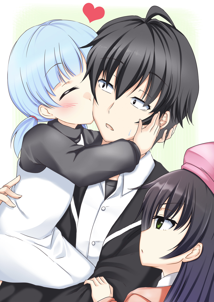 1boy, 2girls, bangs, black_eyes, black_hair, blue_hair, blush, breasts, closed_eyes, green_eyes, hat, highres, hikigaya_hachiman, kawasaki_keika, long_hair, multiple_girls, open_mouth, short_hair, tsurumi_rumi, yahari_ore_no_seishun_lovecome_wa_machigatteiru., yuu_(oosakazaijyuu)