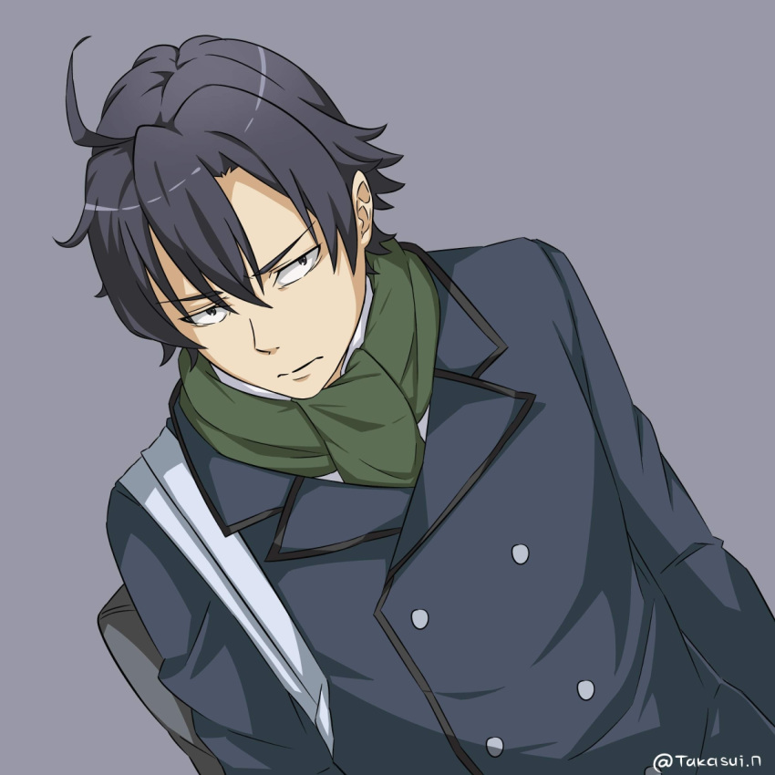 1boy, bag, black_eyes, black_hair, grey_background, highres, hikigaya_hachiman, jacket