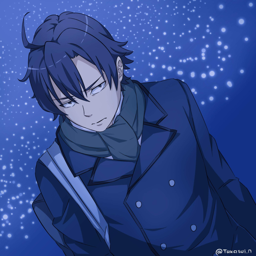 1boy, bag, black_eyes, black_hair, blue_background, highres, hikigaya_hachiman, jacket