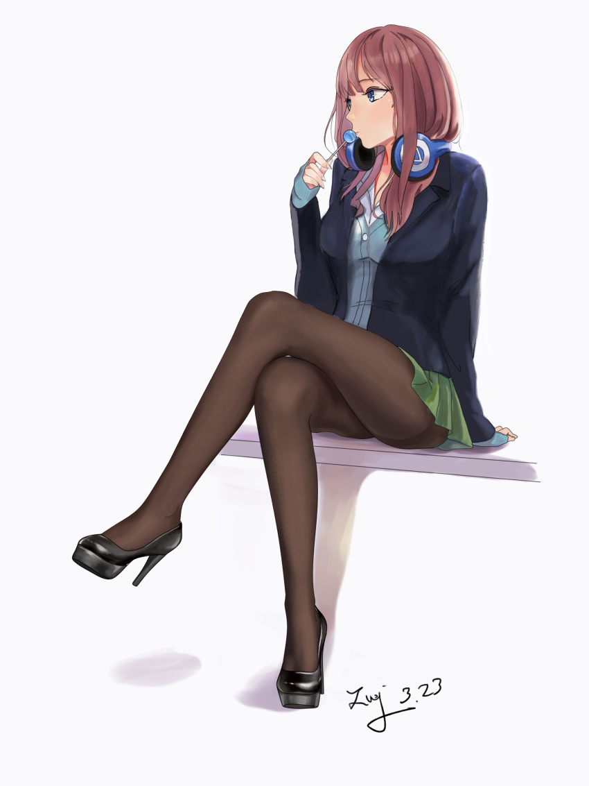 1girl, absurdres, barefoot, black_footwear, blue_eyes, brown_hair, candy, food, go-toubun_no_hanayome, high_heels, highres, lollipop, long_hair, nakano_miku, pantyhose, school_uniform, shoes, sitting, sitting_on_object, socks, soles, solo, thigh-highs, white_background, zeng