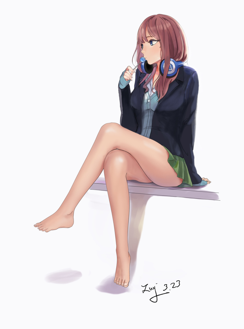 1girl, absurdres, barefoot, blue_eyes, brown_hair, candy, food, go-toubun_no_hanayome