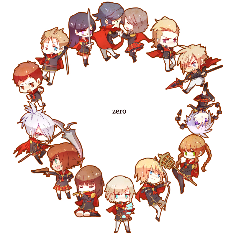 6+boys, 6+girls, ace_(fft-0), akademeia_uniform, bangs, black_hair, blonde_hair, blue_eyes