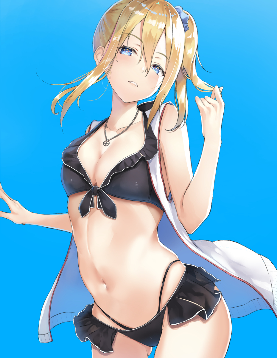 1girl, bangs, bikini, black_bikini, blonde_hair, blue_background, blue_eyes, blush