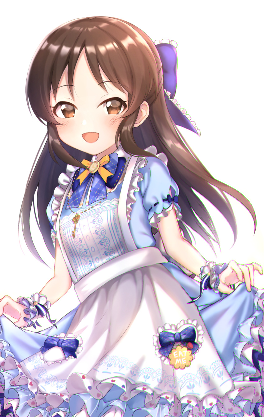 1girl, :d, apron, blue_bow, blue_dress, blue_neckwear, blush, bow