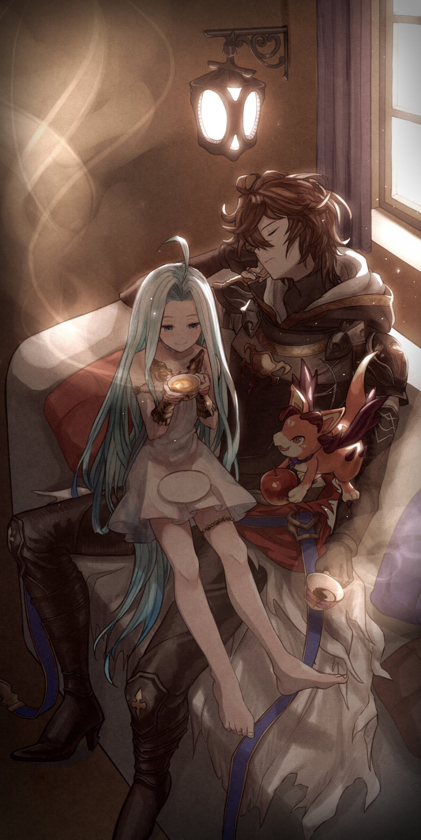 1boy, absurdres, ahoge, apple, armor, blue_hair, brown_hair, choker, coffee, coffee_cup, cup, disposable_cup, dragon, dress, elbow_gloves, food, fruit, gauntlets, gloves, granblue_fantasy, highres, hood, hood_down, long_hair, lyria_(granblue_fantasy), nandemo3f, sandalphon_(granblue_fantasy), short_dress, short_hair, sitting, sitting_on_lap, sitting_on_person, sleeping, sleeveless, sleeveless_dress, smile, vee_(granblue_fantasy), very_long_hair, white_dress
