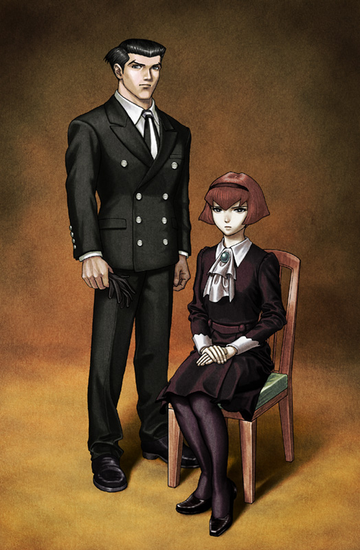 brown_hair, chair, dress, formal, hairband, pale, pale_skin, pantyhose