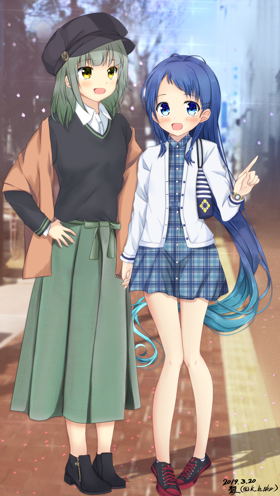 2girls, :d, alternate_costume, black_footwear, black_headwear, black_sweater, blue_dress, blue_eyes, blue_hair, brown_jacket, dress, full_body, gradient_hair, green_hair, green_skirt, hair_down, highres, jacket, k_b_sho, kantai_collection, long_hair, long_skirt, multicolored_hair, multiple_girls, open_mouth, plaid, plaid_dress, samidare_(kantai_collection), shirt, shoes, skirt, smile, sneaker, sweater, very_long_hair, white_jacket, white_shirt, yuubari_(kantai_collection)