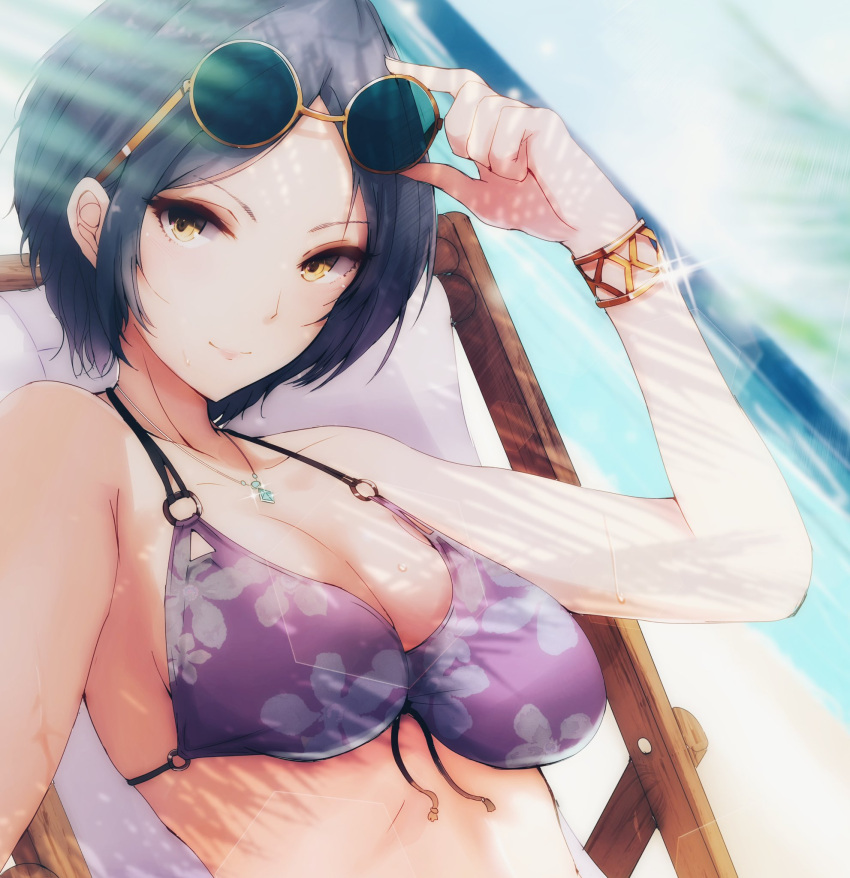 1girl, adjusting_eyewear, aquamarine_(gemstone), bangle, bangs, bikini, blue_hair, blush, bracelet, breasts, chair, cleavage, day, halter_top, halterneck, hayami_kanade, highres, idolmaster, idolmaster_cinderella_girls, jewelry, looking_at_viewer, lounge_chair, medium_breasts, necklace, outdoors, parted_bangs, purple_bikini, ryuu., short_hair, smile, solo, sunglasses, sunlight, swimsuit, tinted_eyewear, wet, yellow_eyes