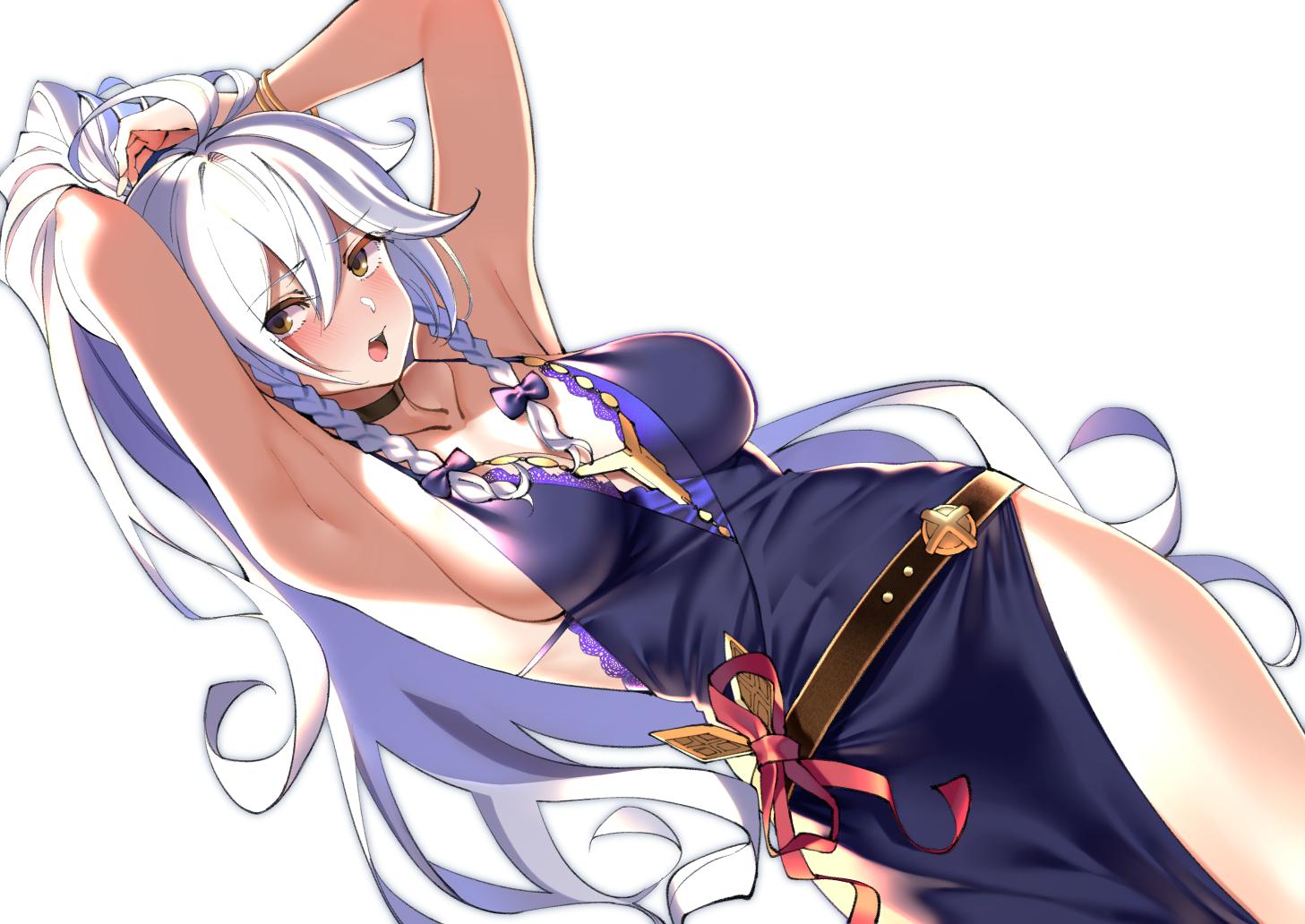 1girl, ahoge, armpits, arms_behind_head, arms_up, bangs, bare_shoulders, belt