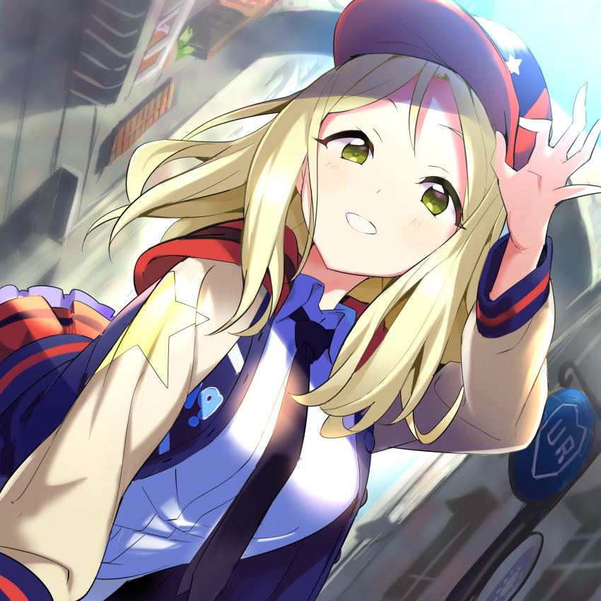1girl, adjusting_clothes, adjusting_hat, baseball_cap, black_neckwear, blonde_hair, building, collared_shirt, commentary_request, day, dutch_angle, green_eyes, grin, hat, highres, jacket, long_hair, long_sleeves, looking_at_viewer, love_live!, love_live!_sunshine!!, necktie, ohara_mari, outdoors, rassie_s, shirt, skirt, smile, solo, star, star_print, white_shirt