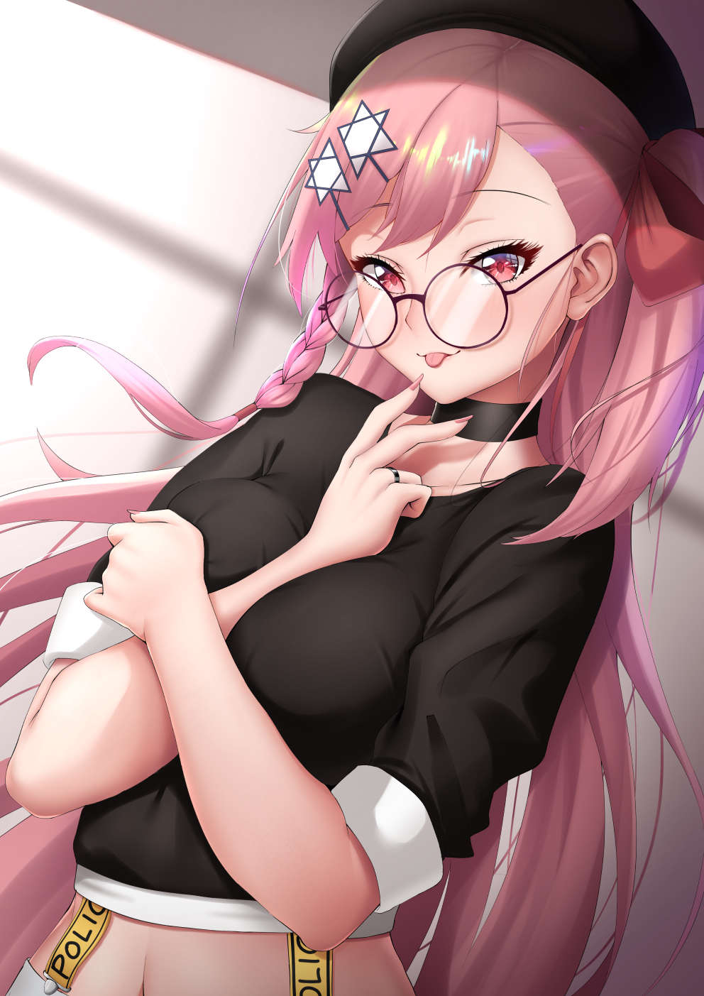 1girl, :p, arm_between_breasts, bangs, beret, black-framed_eyewear, black_headwear, blush