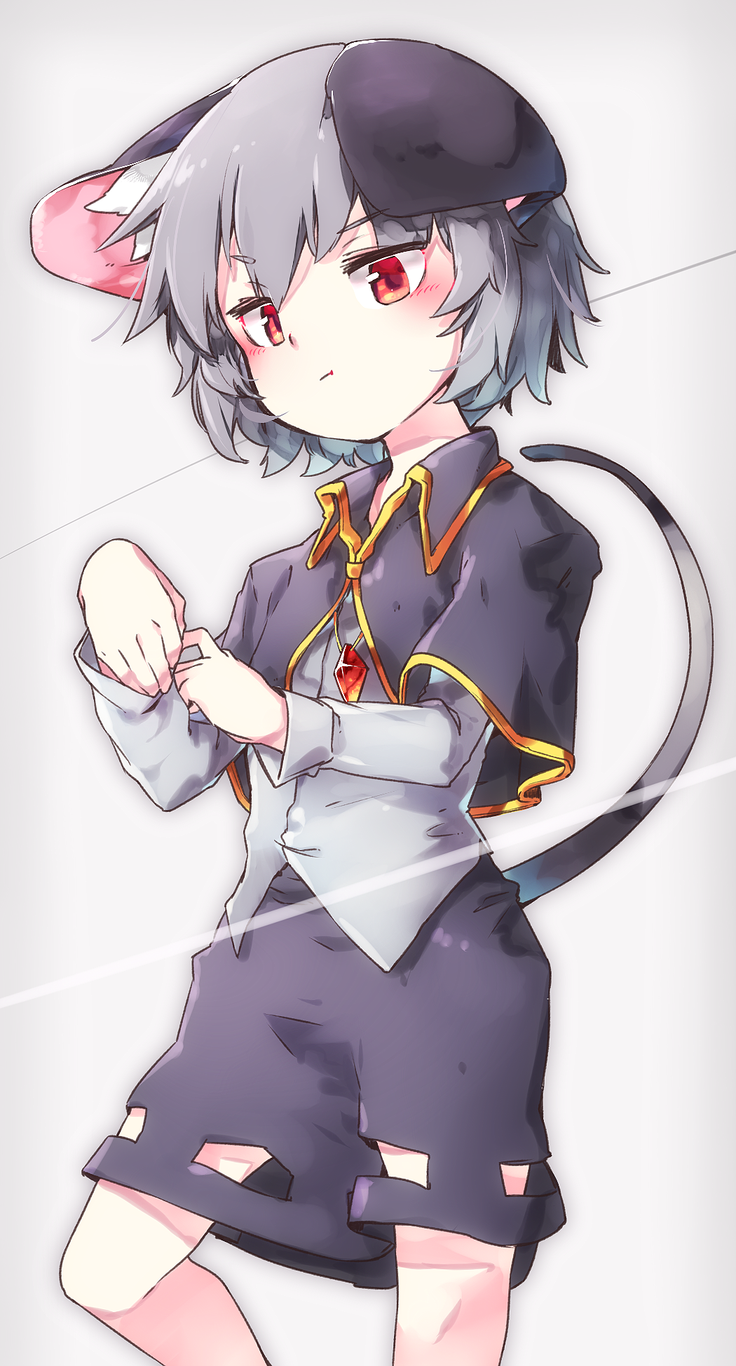 1girl, :t, animal_ears, blush, capelet, cowboy_shot, floppy_ears, grey_hair