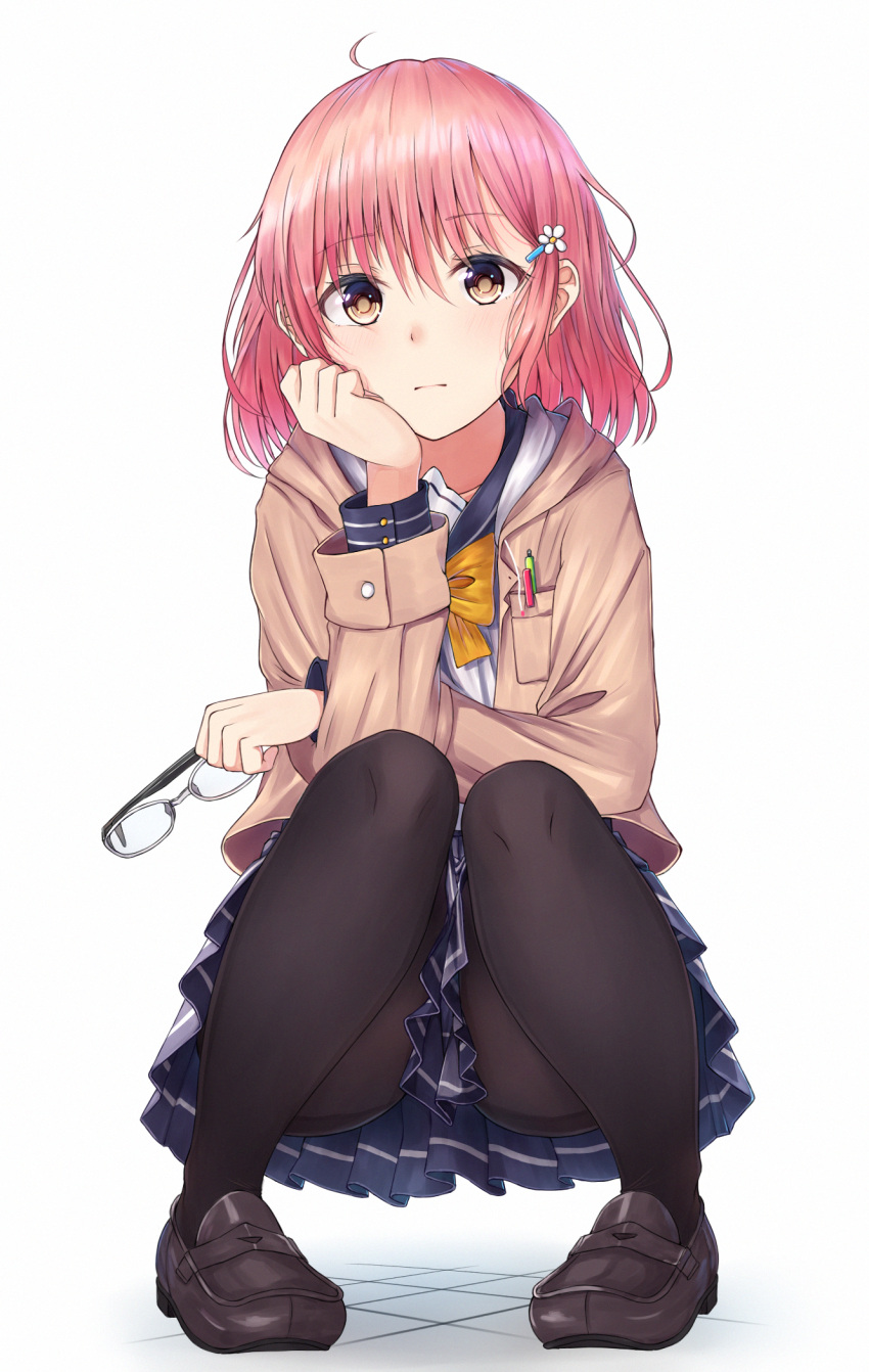 1girl, ahoge, black_footwear, black_legwear, blue_sailor_collar, blue_skirt, blush, bow, bowtie, brown_eyes, brown_jacket, chin_rest, closed_mouth, collarbone, commentary_request, expressionless, eyewear_removed, flower, full_body, glasses, hair_ornament, hairclip, hand_up, highres, holding, holding_eyewear, jacket, loafers, long_sleeves, looking_at_viewer, miniskirt, n2_(yf33), open_clothes, open_jacket, orange_neckwear, original, pantyhose, pink_hair, pleated_skirt, revision, sailor_collar, school_uniform, shindan_maker, shirt, shoes, short_hair, sidelocks, simple_background, skirt, solo, squatting, tile_floor, tiles, white-framed_eyewear, white_background, white_flower, white_shirt