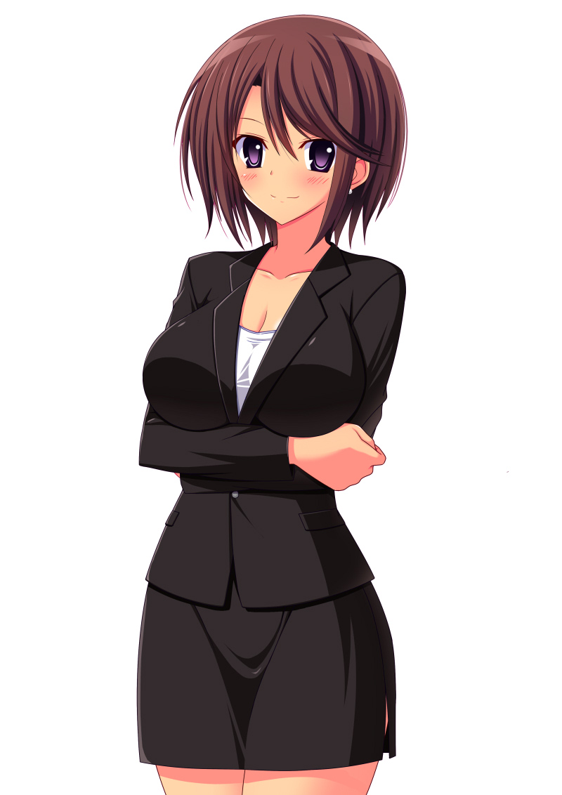 1girl, breasts, brown_hair, cleavage, formal, large_breasts, long_sleeves, original