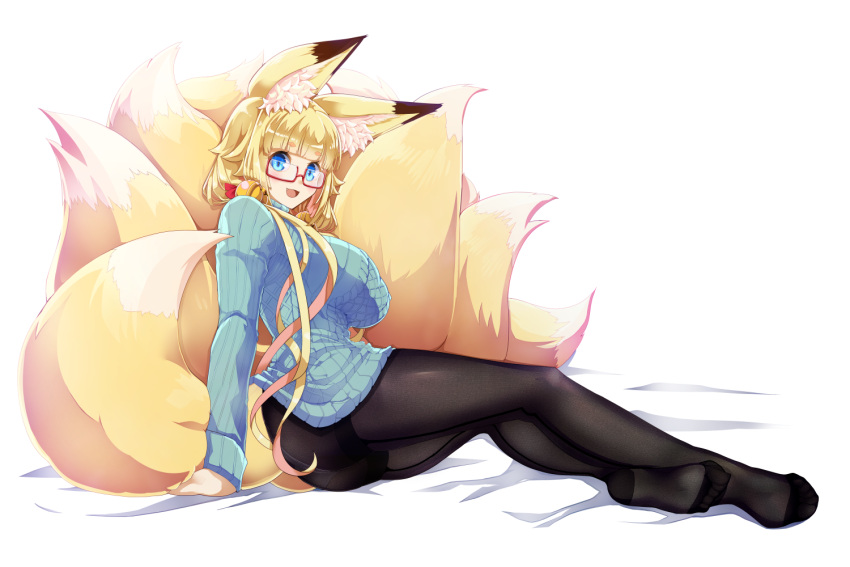 1girl, amino_dopple, animal_ears, arm_support, ass, bangs, bed_sheet, black_legwear