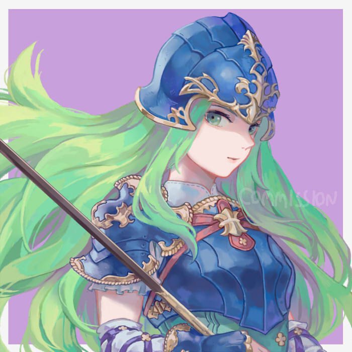 1girl, armor, blue_armor, blue_eyes, blush, breastplate, fire_emblem, fire_emblem:_souen_no_kiseki, gloves, green_eyes, green_hair, helmet, long_hair, nephenee, nintendo, polearm, rheamii, smile, solo, spear, weapon