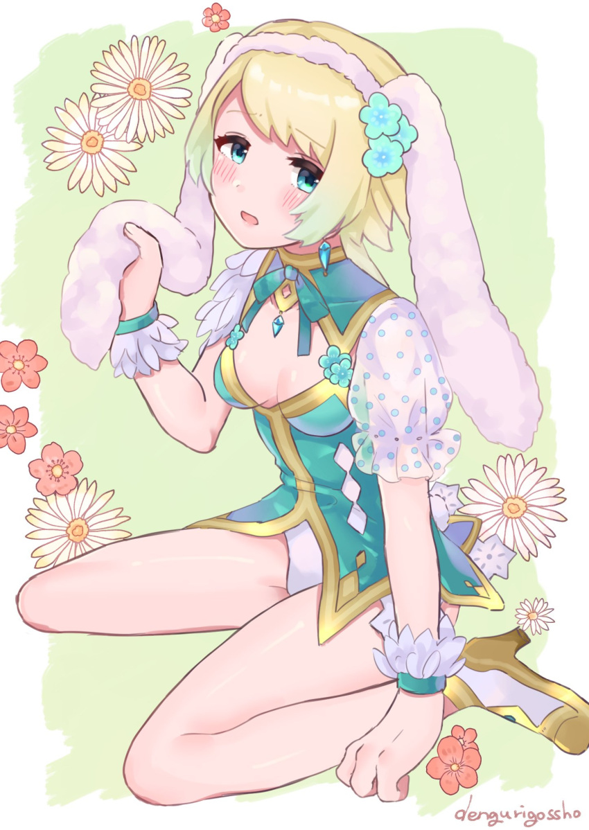 1girl, animal_ears, blonde_hair, blue_eyes, blue_hair, blush, bow, bowtie
