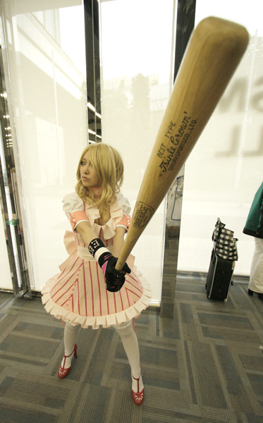 asian, baseball_bat, cosplay, dress, female, foreshortening, girl, gloves