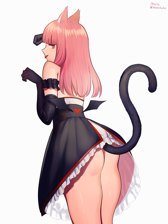 1girl, animal_ears, artist_name, ass, black_gloves, cat_ears, cat_tail, commentary
