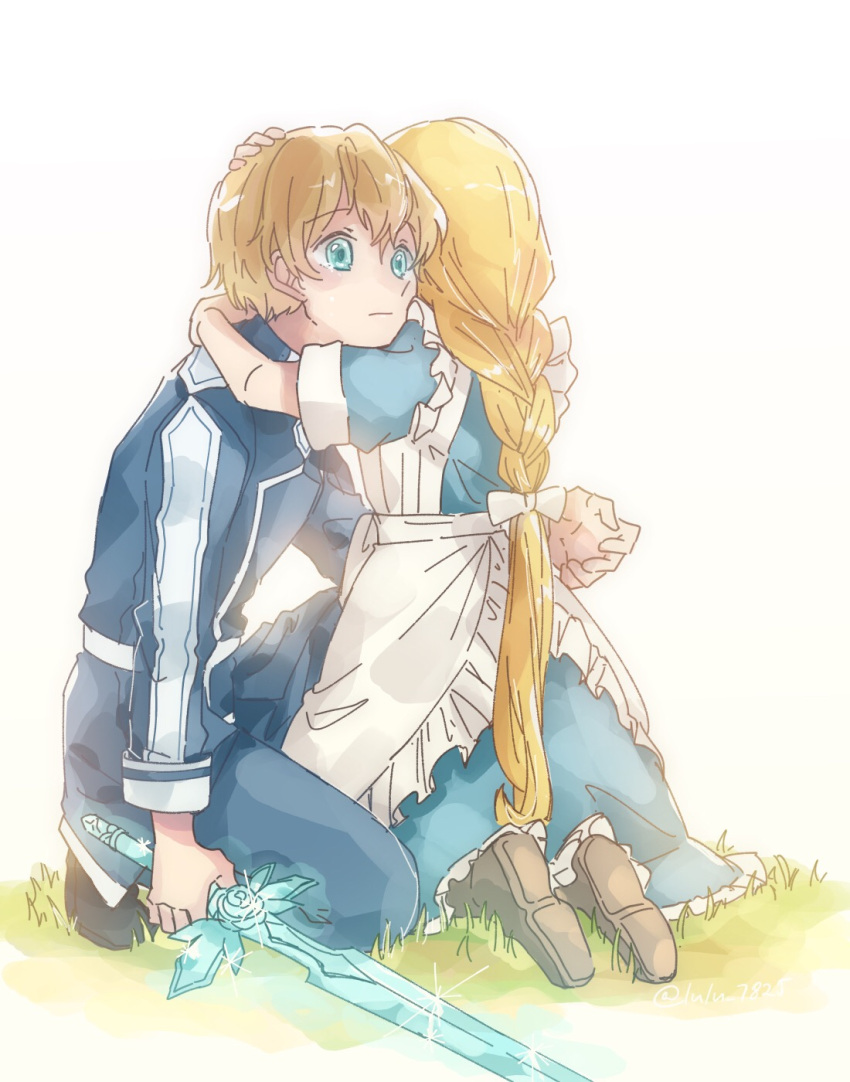1boy, 1girl, age_difference, alice_schuberg, apron, blonde_hair, blue_dress, blue_eyes