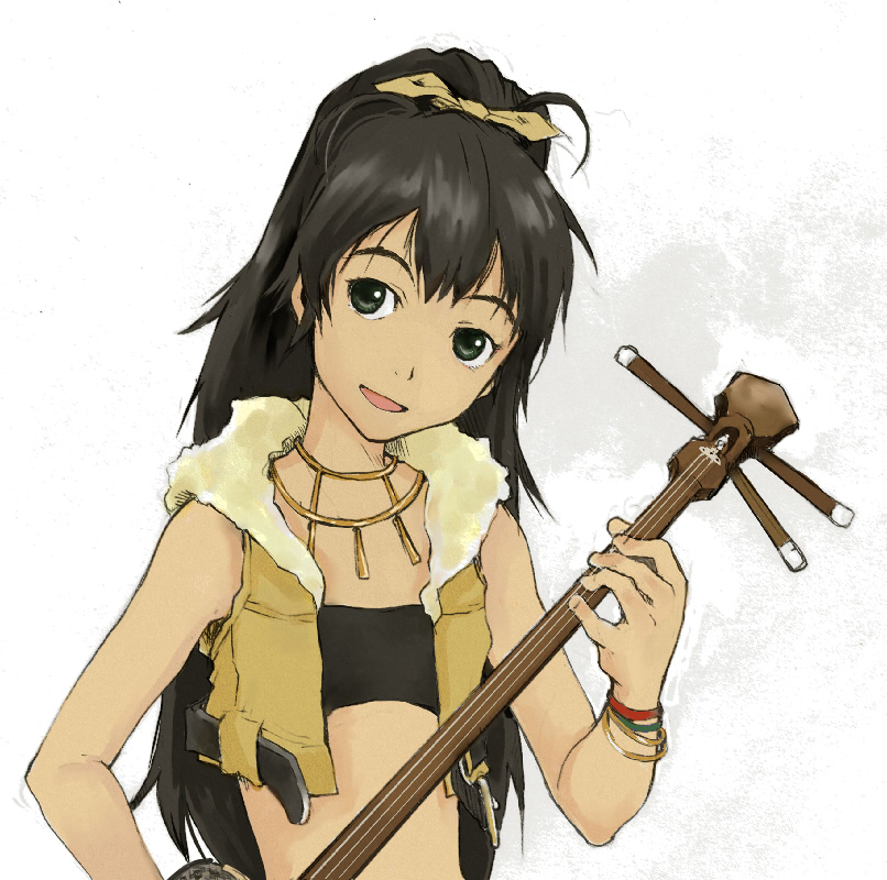 bare_shoulders, black_eyes, black_hair, ganaha_hibiki, idolmaster, instrument, instruments, jewelry